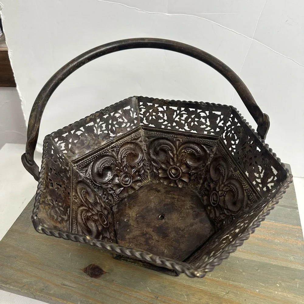 Vintage Antiqued Bronze Tone Metal Basket Ornate Swing Handle Fruit Wedding 10